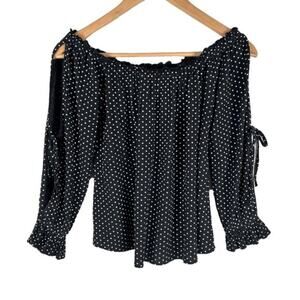 🐞3/$22 American Eagle Off Shoulder Top XS Black White Polka Dot Long Sleeve